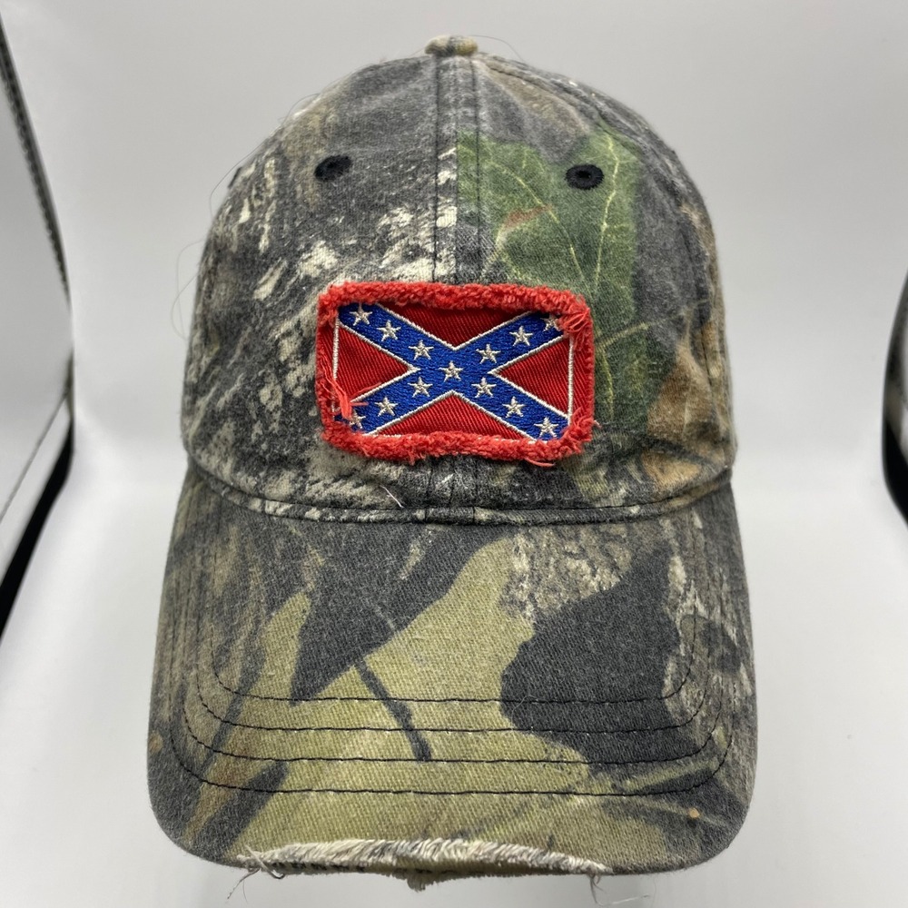 Buck Wear Baseball Cap Men OSFA Camo Distressed Rebel Flag Patch Hunting Hat